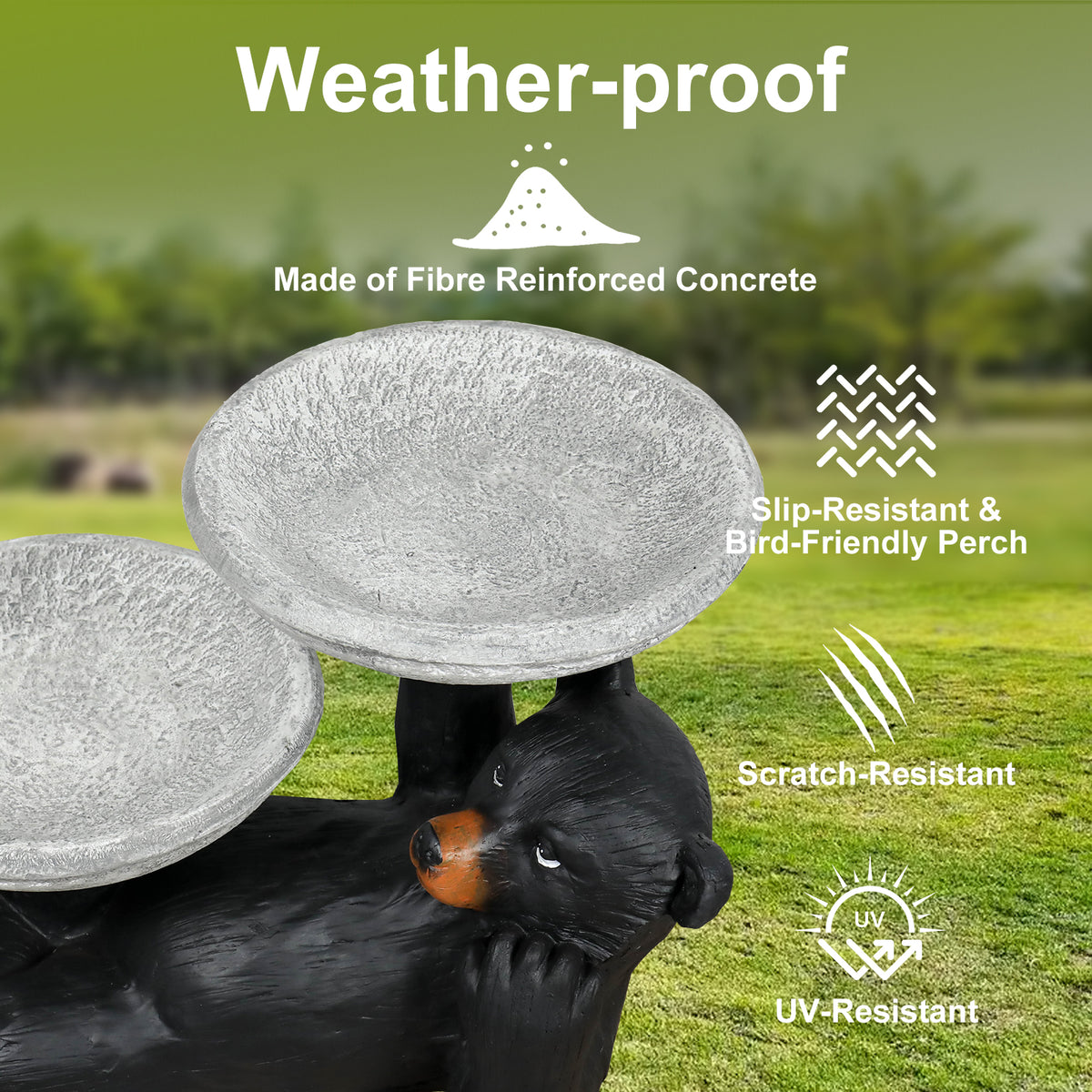 Weather-proof and eco-friendly concrete material highlights of the 18.8kg bear birdbath.