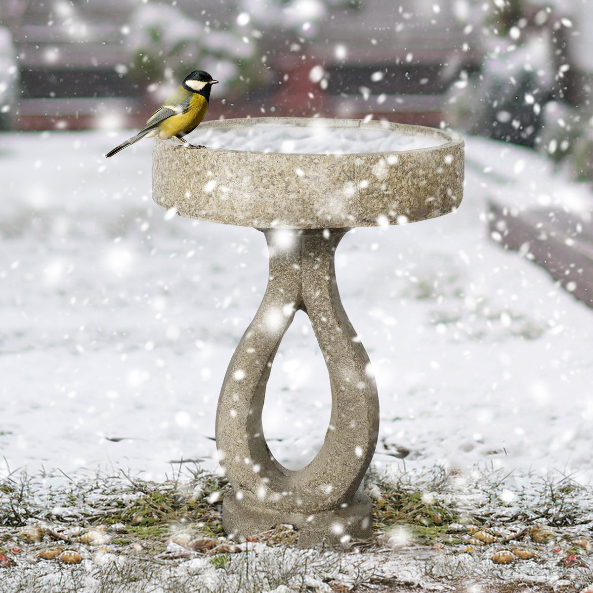 Weather-resistant 14.5kg concrete bird bath withstanding snow in a winter garden, attracting wild birds.