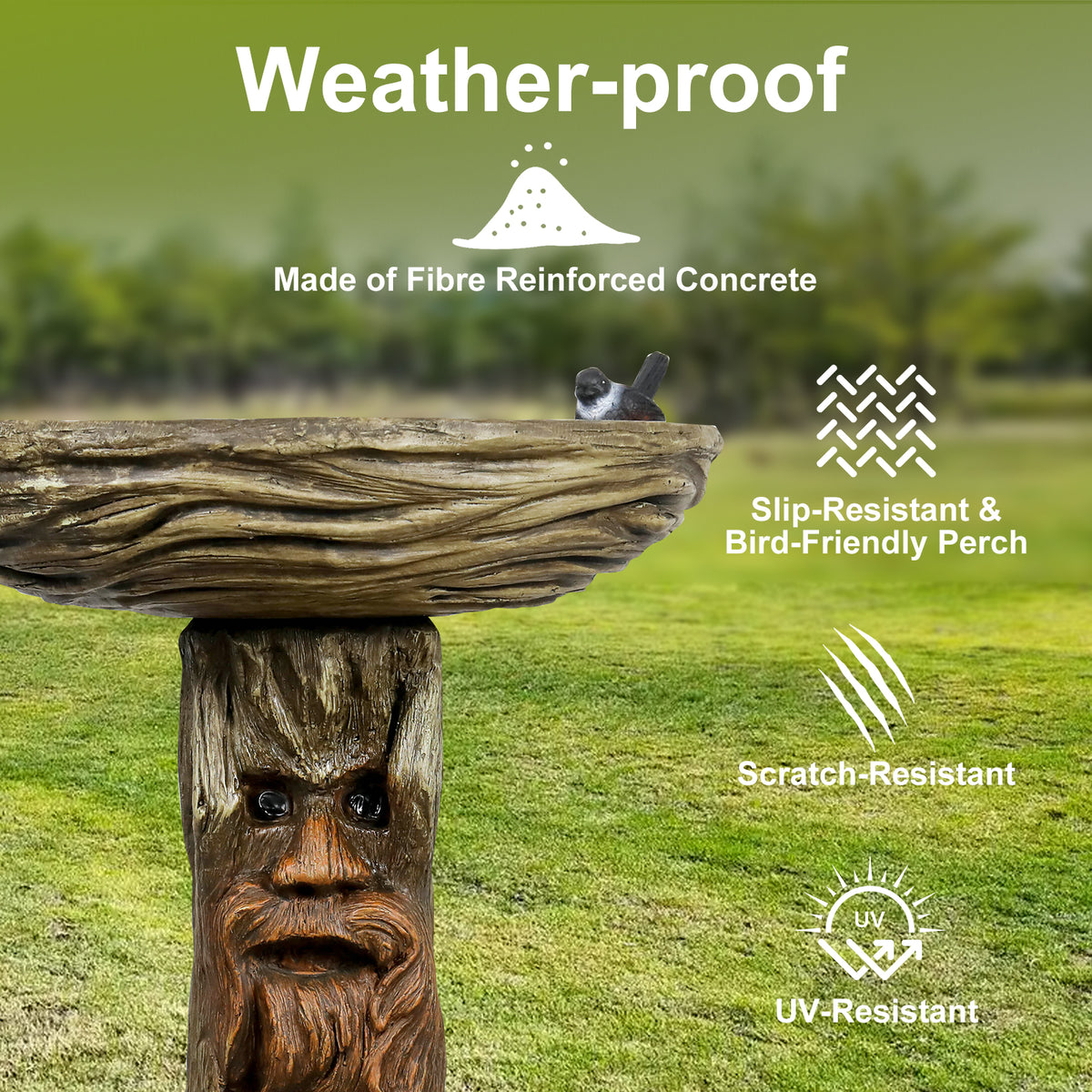 Weather-resistant concrete material highlights of the durable 23.6-inch high rustic birdbath.