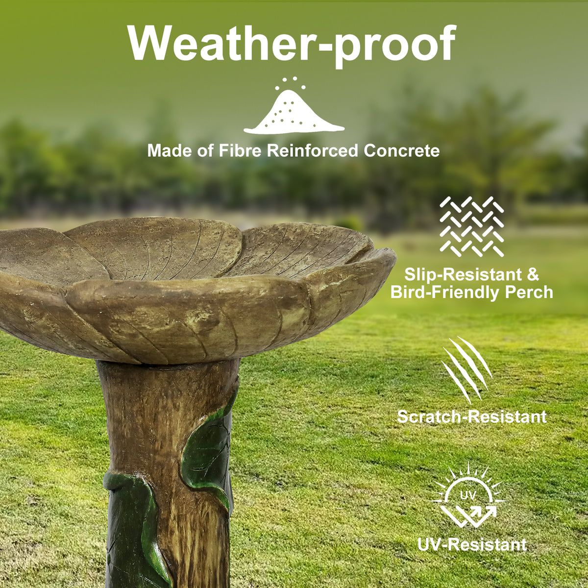Weatherproof concrete material withstanding outdoor elements on the rustic birdbath.