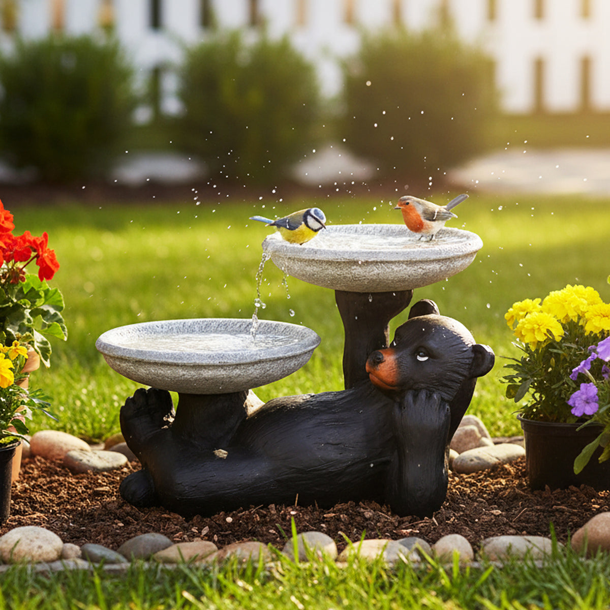 Whimsical 15"H black bear bird bath with two bowls in a sunny flower garden.