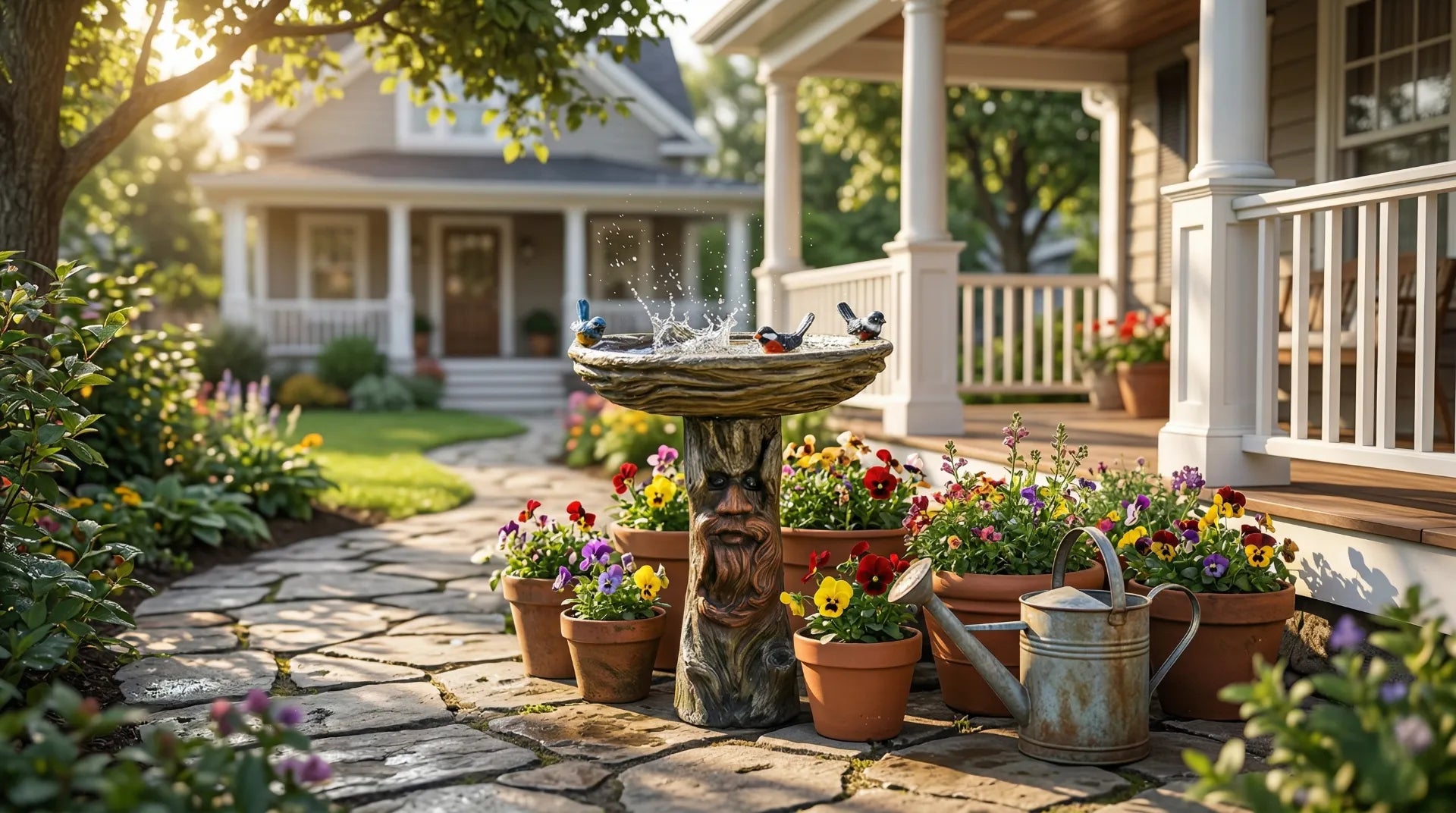 Whimsical tree-man carved pedestal bird bath in a suburban garden.