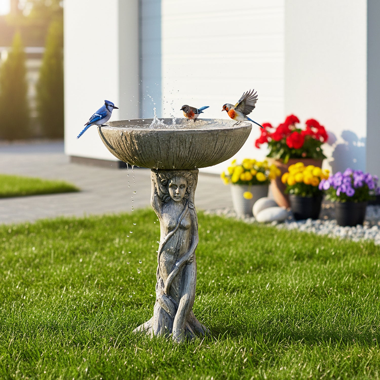 Wild birds perched on the classical goddess statue bird bath located on a green lawn near a modern patio.