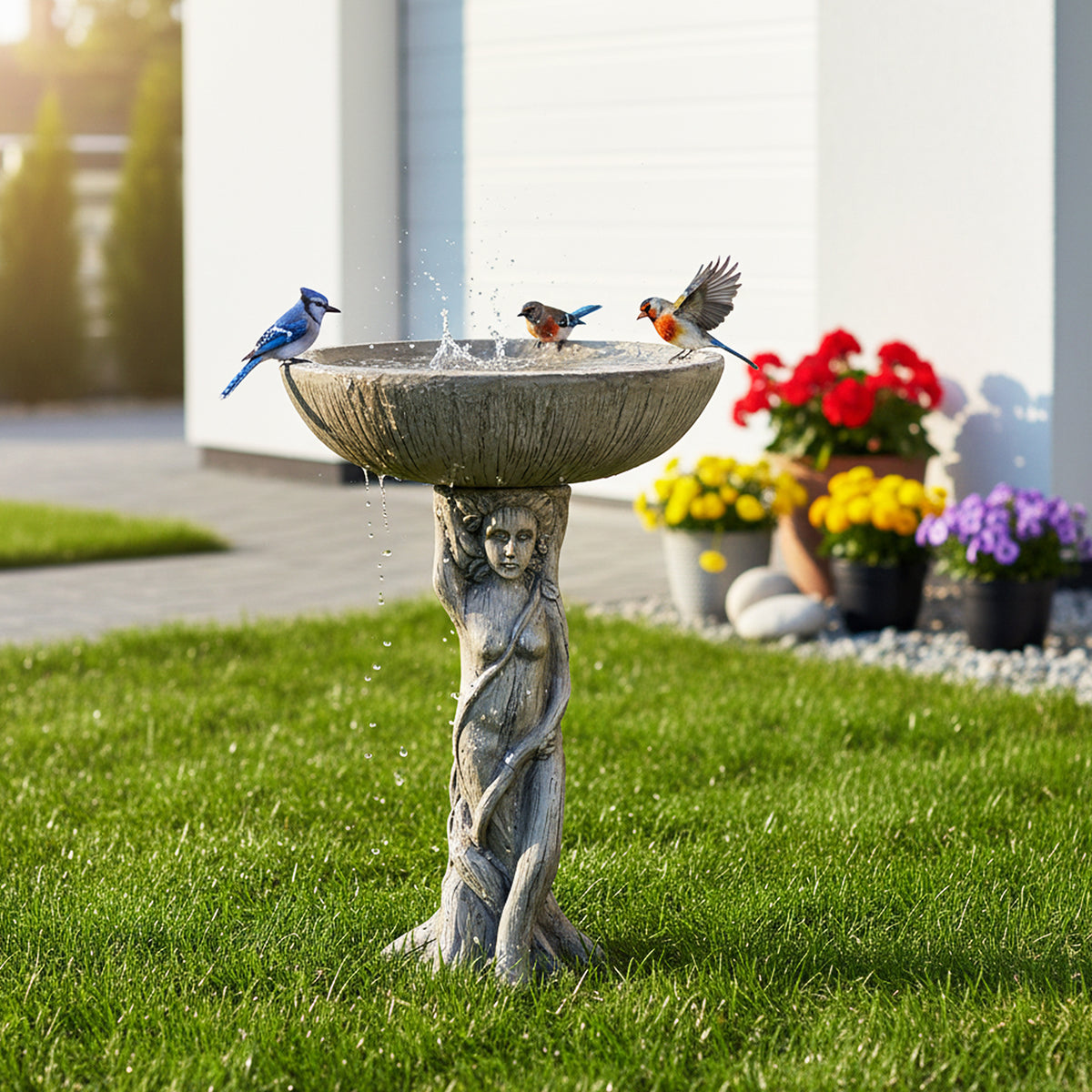 Wild birds perched on the classical goddess statue bird bath located on a green lawn near a modern patio.