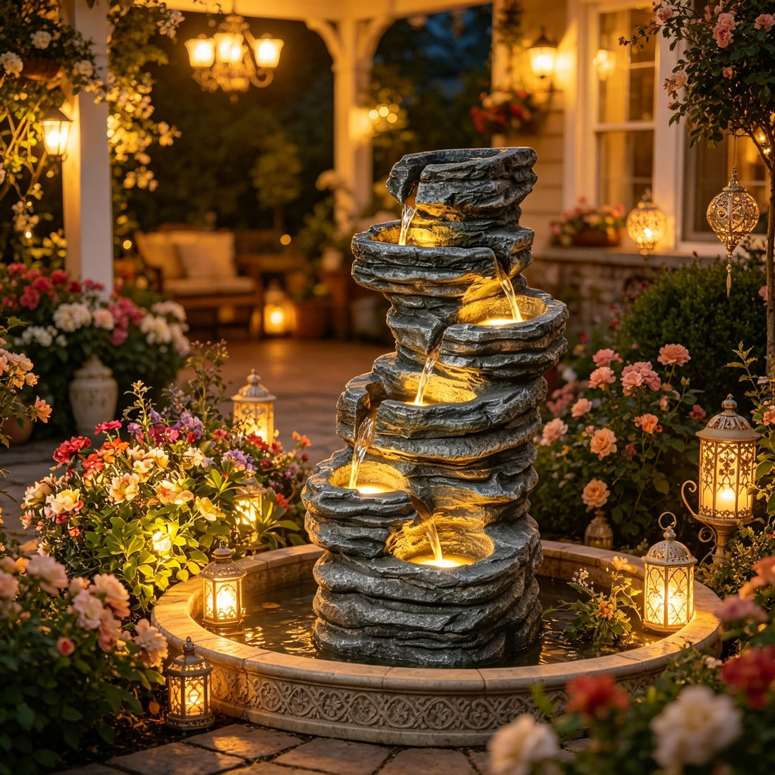 Resin 6 Tier Rock Cascade Outdoor Fountain 40 Inch