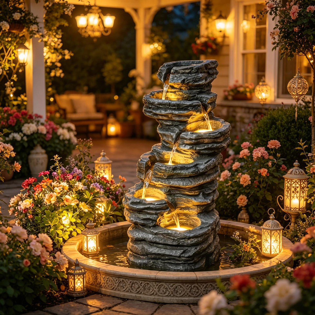 Resin 6 Tier Rock Cascade Outdoor Fountain 40 Inch