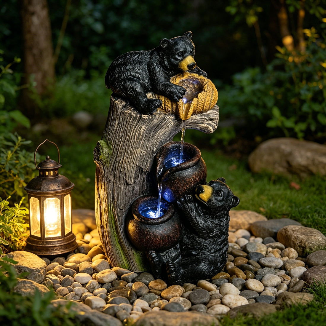 Resin Black Bear Outdoor Water Fountain in garden setting