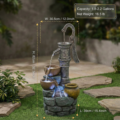 Resin Hand Pump Cascading Outdoor Fountain 32 Inch LED lit at night