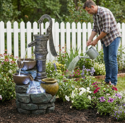 Resin Hand Pump Cascading Outdoor Fountain 32 Inch close up of water flow