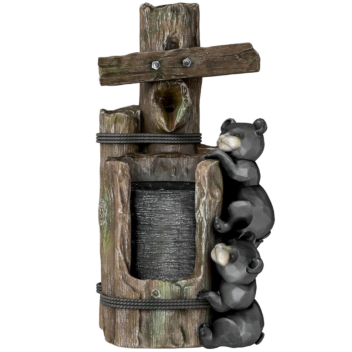 Resin Bear Fountain Two Cubs on Timber Post product view