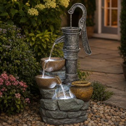 Resin Hand Pump Cascading Outdoor Fountain 32 Inch in garden setting