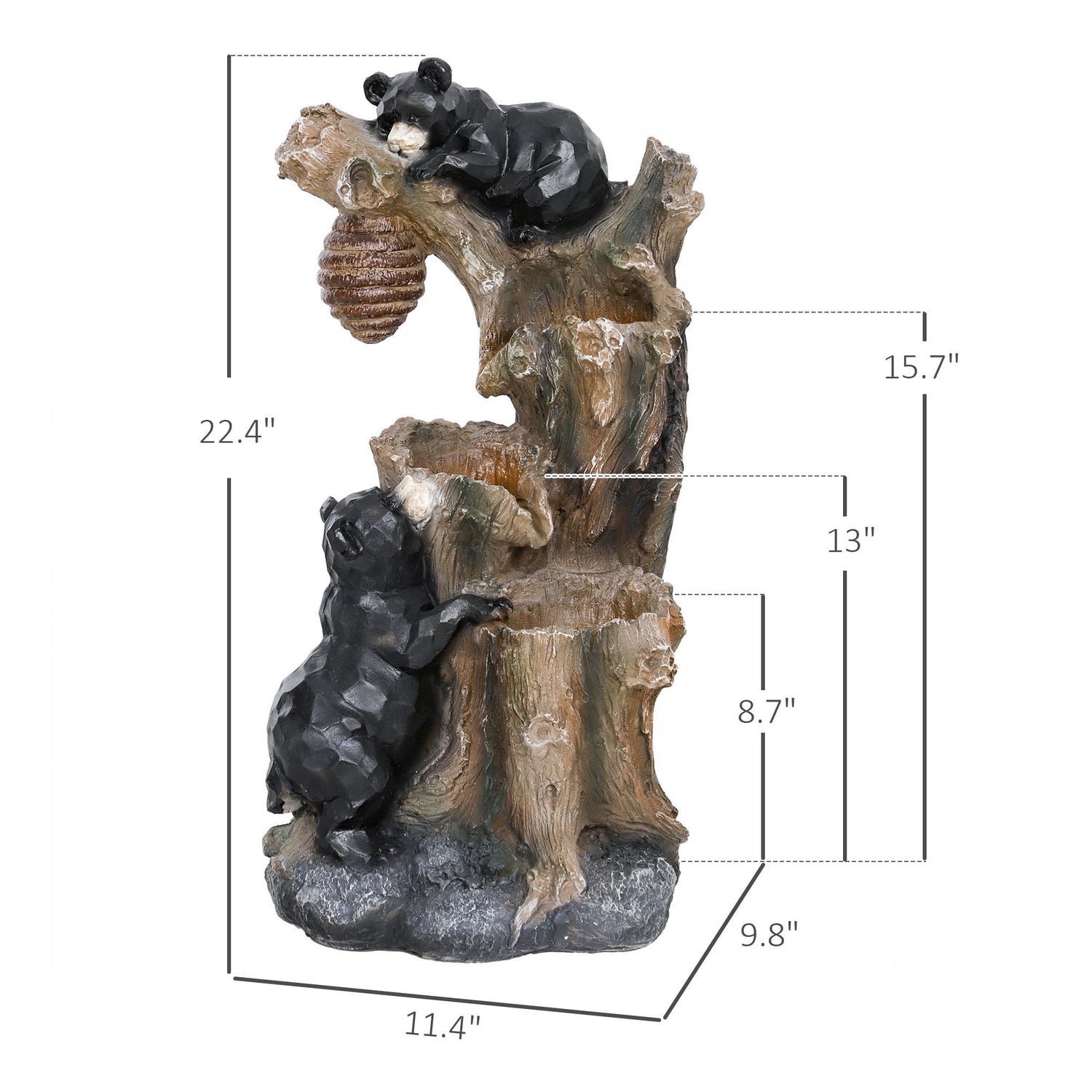 Resin Bear and Beehive 3 Tier Outdoor Fountain 22 Inch dimensions and size