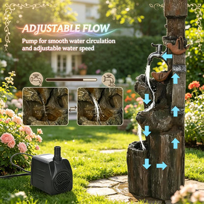 Resin Rustic Outdoor Fountain Birdhouse and Iron Tap full view