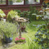 antique bronze pedestal bird bath with flowers planted in ground-level base bowl beside a garden path