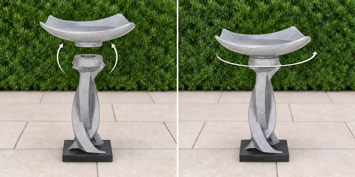 Modern geometric concrete bird bath basin lowering onto its twisted pedestal then turning to lock