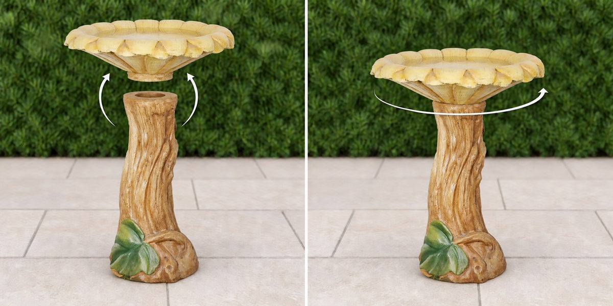 Sunflower concrete bird bath basin lowering onto its faux wood pedestal then turning to lock