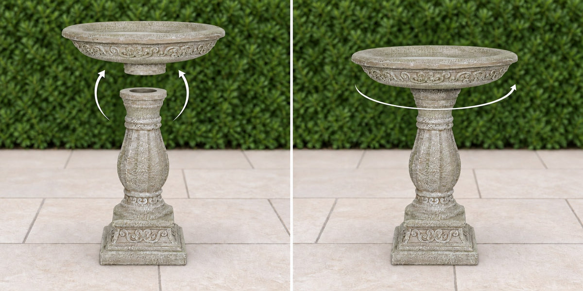 Antique ornate concrete bird bath basin lowering onto its pedestal then turning to lock