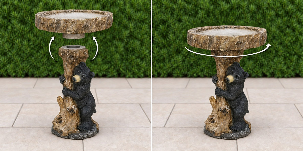 Bear tree stump concrete bird bath basin lowering onto its pedestal then turning to lock