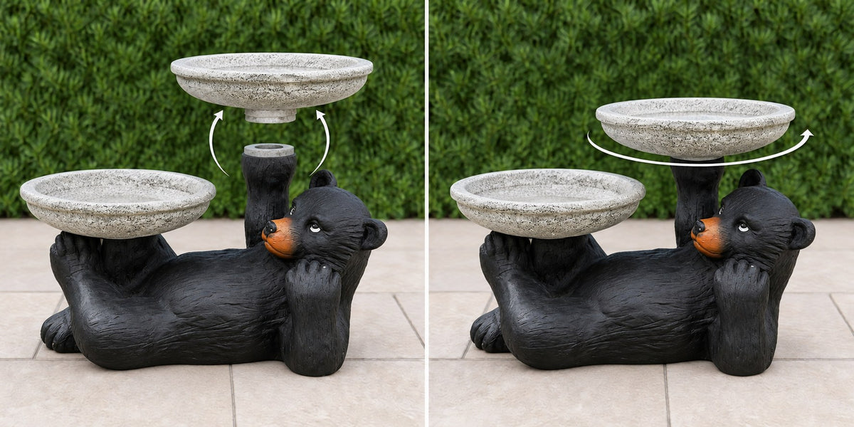 Black bear concrete bird bath upper basin lowering onto its stump post then turning to lock