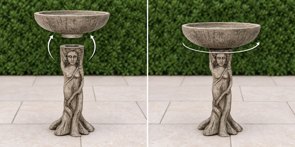 Classical goddess concrete bird bath basin lowering onto its figure base then turning to lock