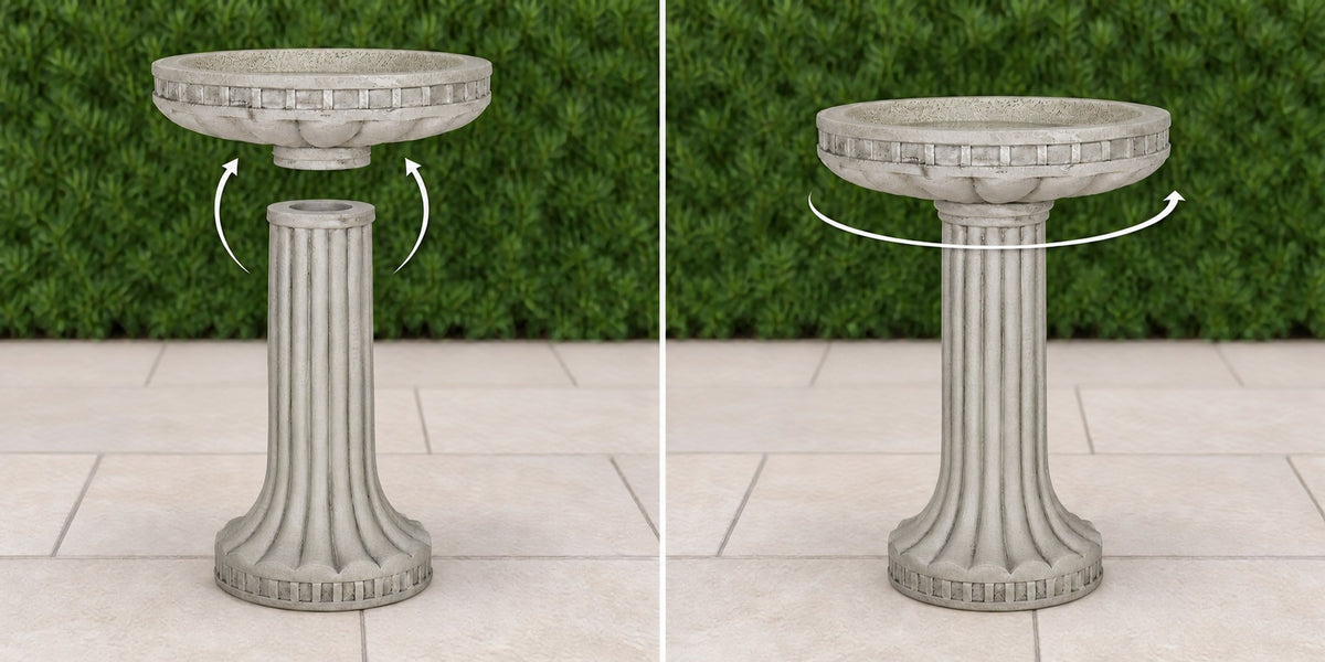 Roman fluted concrete bird bath basin lowering onto its pedestal then turning to lock