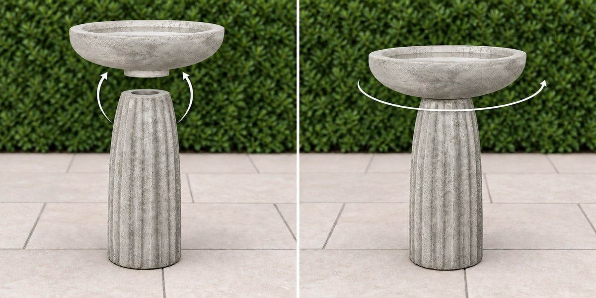 Fluted concrete bird bath basin lowering onto its pedestal then turning to lock