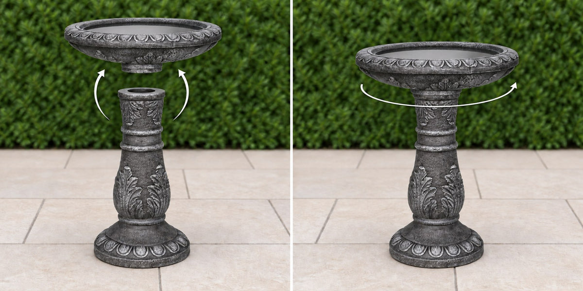 Acanthus leaf concrete bird bath basin lowering onto its pedestal then turning to lock