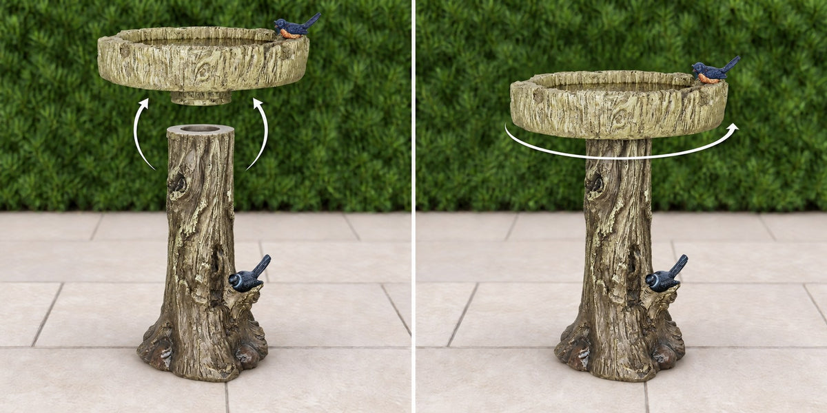Woodland tree trunk concrete bird bath basin lowering onto its pedestal then turning to lock