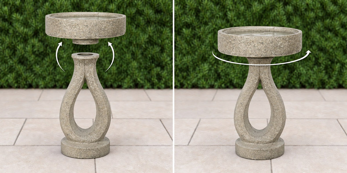 Open loop concrete bird bath basin lowering onto its looped pedestal then turning to lock
