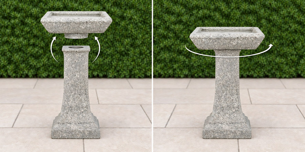Square concrete bird bath basin lowering onto its tapered pedestal then turning to lock