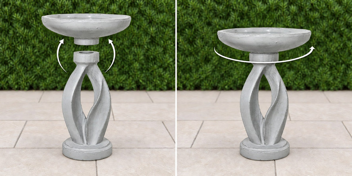 Twisted concrete bird bath basin lowering onto its open pedestal then turning to lock