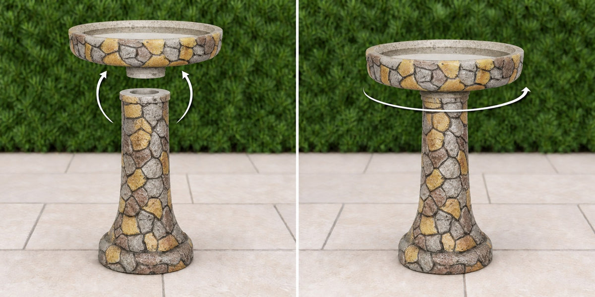 Mosaic stone concrete bird bath basin lowering onto its pedestal then turning to lock