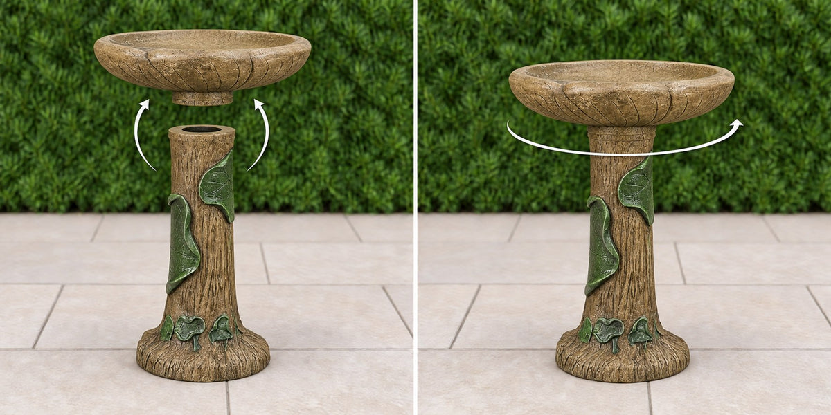 Ivy leaf tree trunk concrete bird bath basin lowering onto its pedestal then turning to lock