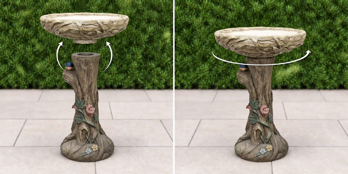 Tree trunk concrete bird bath with perched bird, basin lowering onto its pedestal then turning to lock