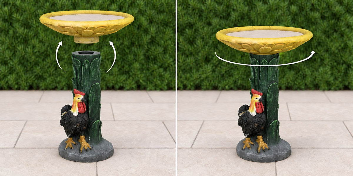 Sunflower and rooster concrete bird bath basin lowering onto its leafy pedestal then turning to lock