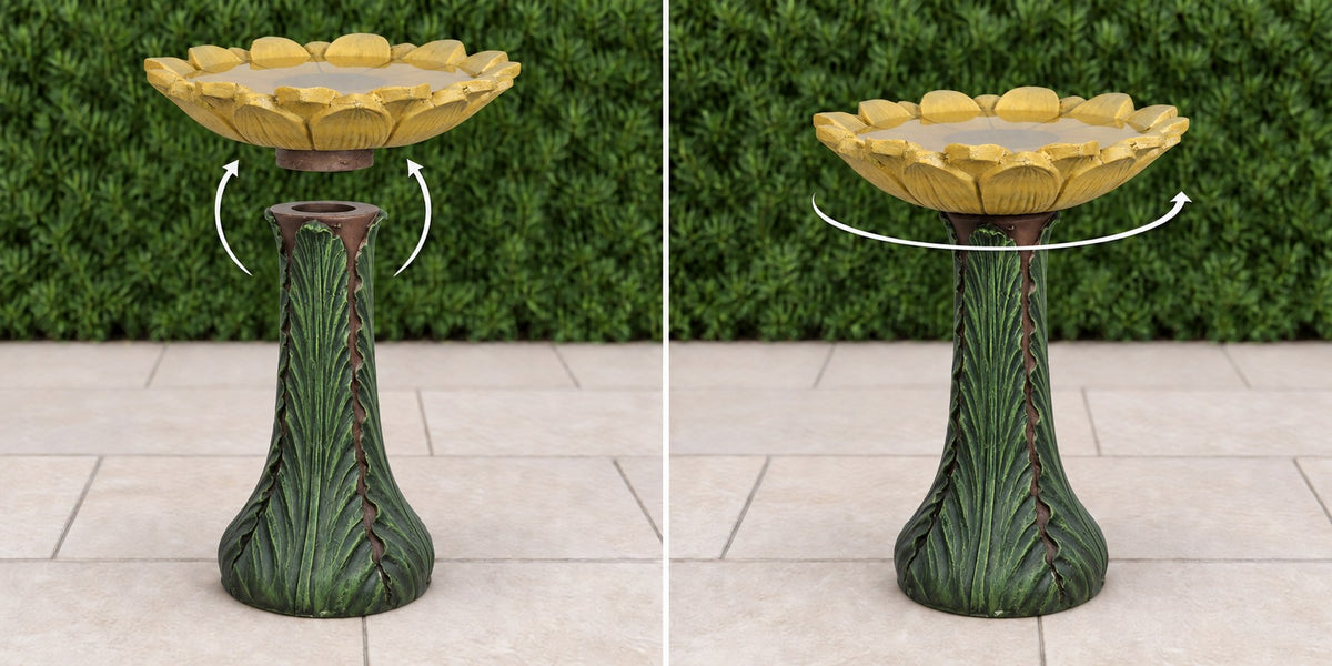 Sunflower concrete bird bath basin lowering onto its sculpted leaf pedestal then turning to lock
