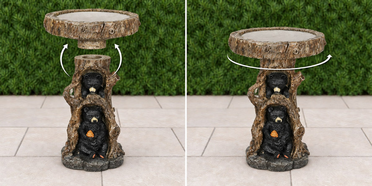 Two bear tree stump concrete bird bath basin lowering onto its pedestal then turning to lock