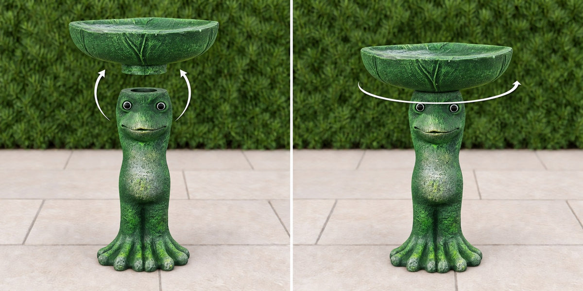 Frog concrete bird bath lily pad basin lowering onto its frog pedestal then turning to lock
