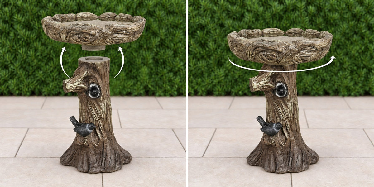 Wood log concrete bird bath basin lowering onto its knotted pedestal then turning to lock