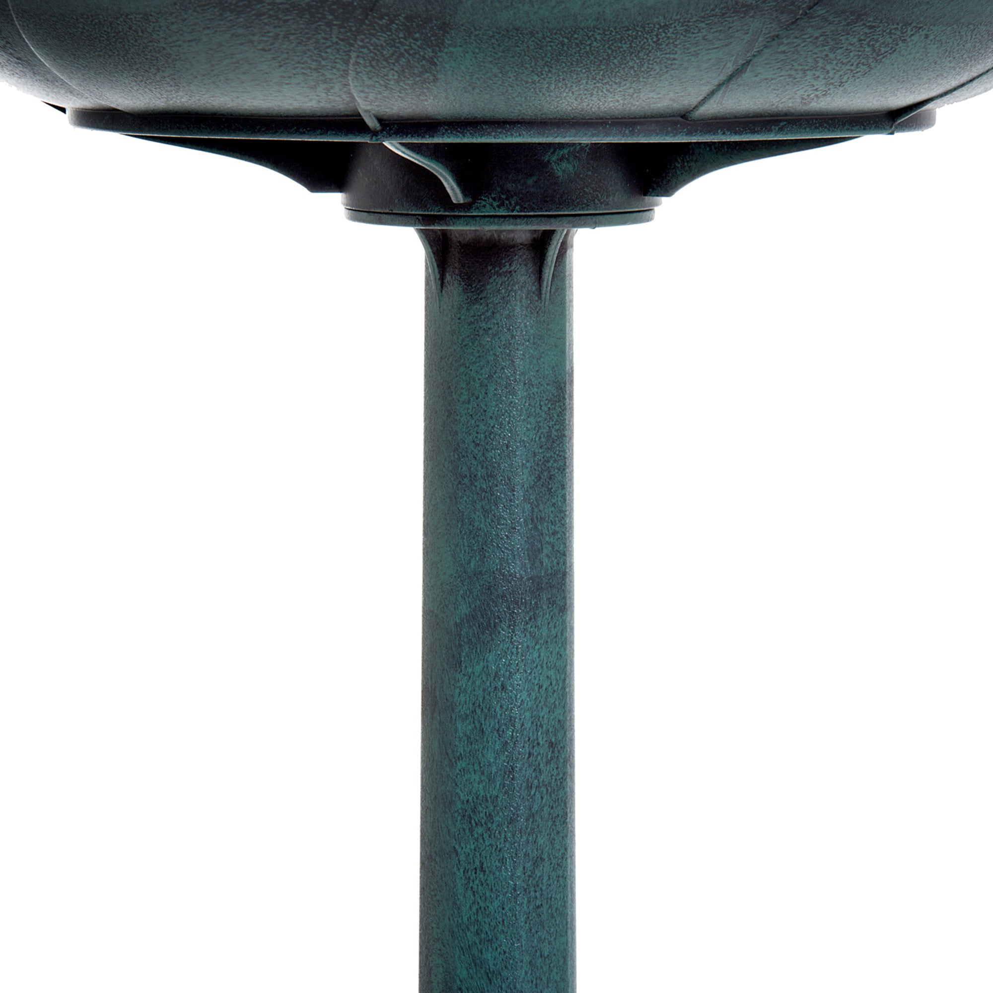 basin underside and pedestal joint detail of green verdigris bird bath