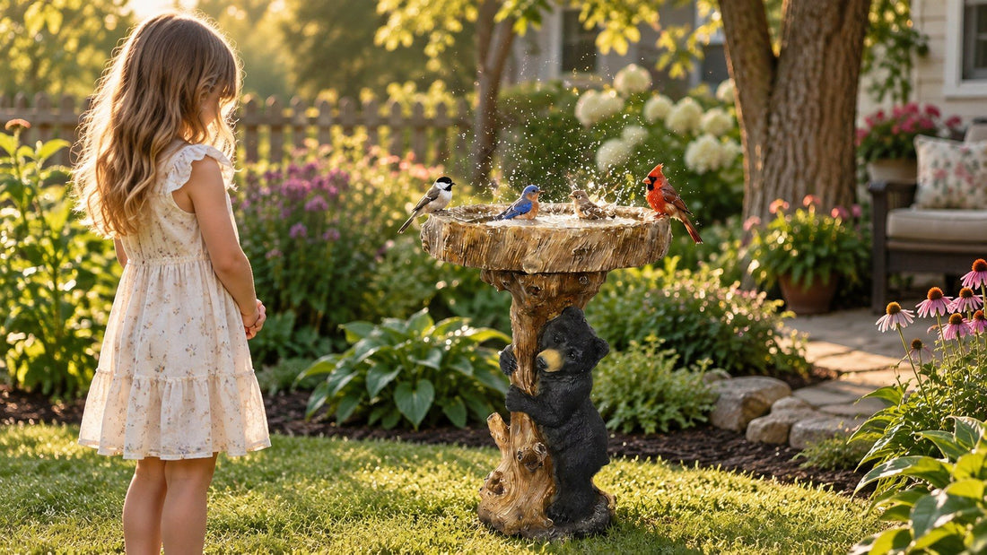 Girl watching bluebirds, a cardinal and a chickadee splash in a tree stump bird bath in a sunlit backyard garden