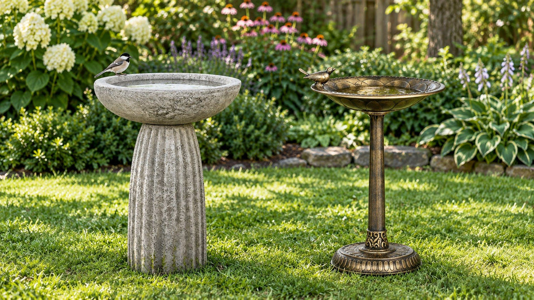 Gray cast concrete pedestal bird bath beside an antique bronze one on a lawn with hydrangeas and coneflowers