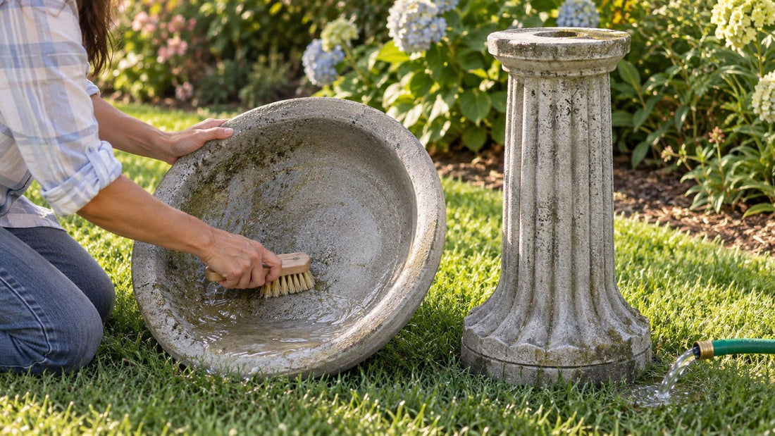 Hands scrubbing a concrete bird bath bowl with a stiff brush on the lawn, fluted pedestal and garden hose beside