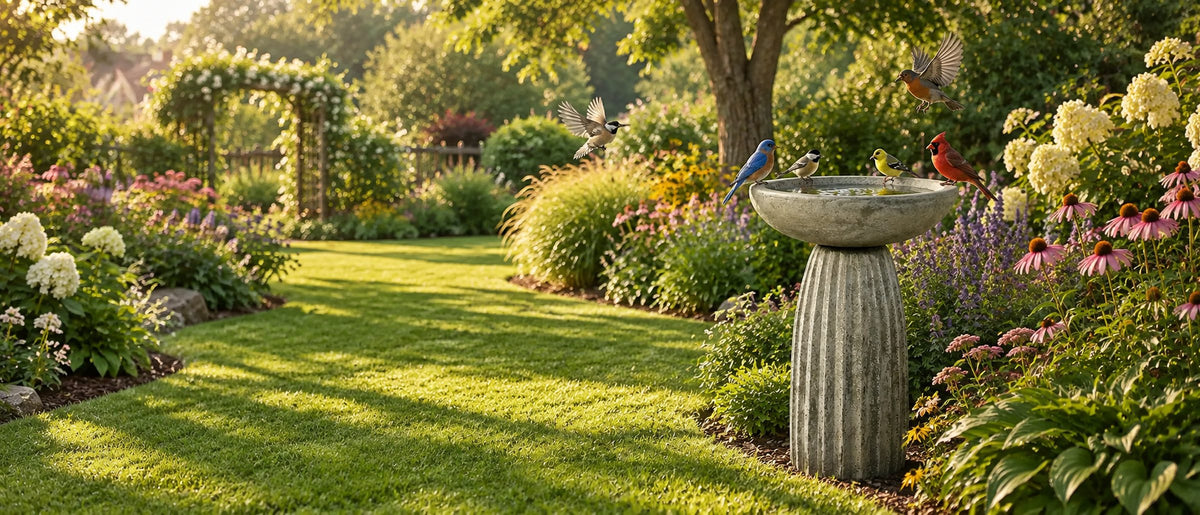 Bluebird, chickadee, goldfinch and cardinal gathered on a concrete pedestal bird bath in a wide flowering garden