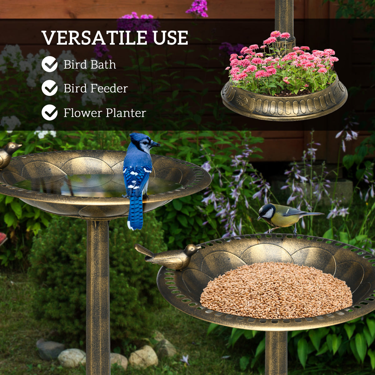 bird bath and feeder combo holding water and birdseed in a backyard garden