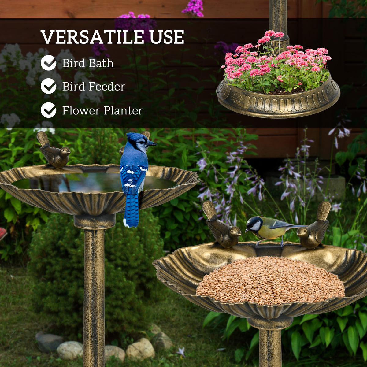 bird bath feeder and planter combo with shell basin in a backyard garden