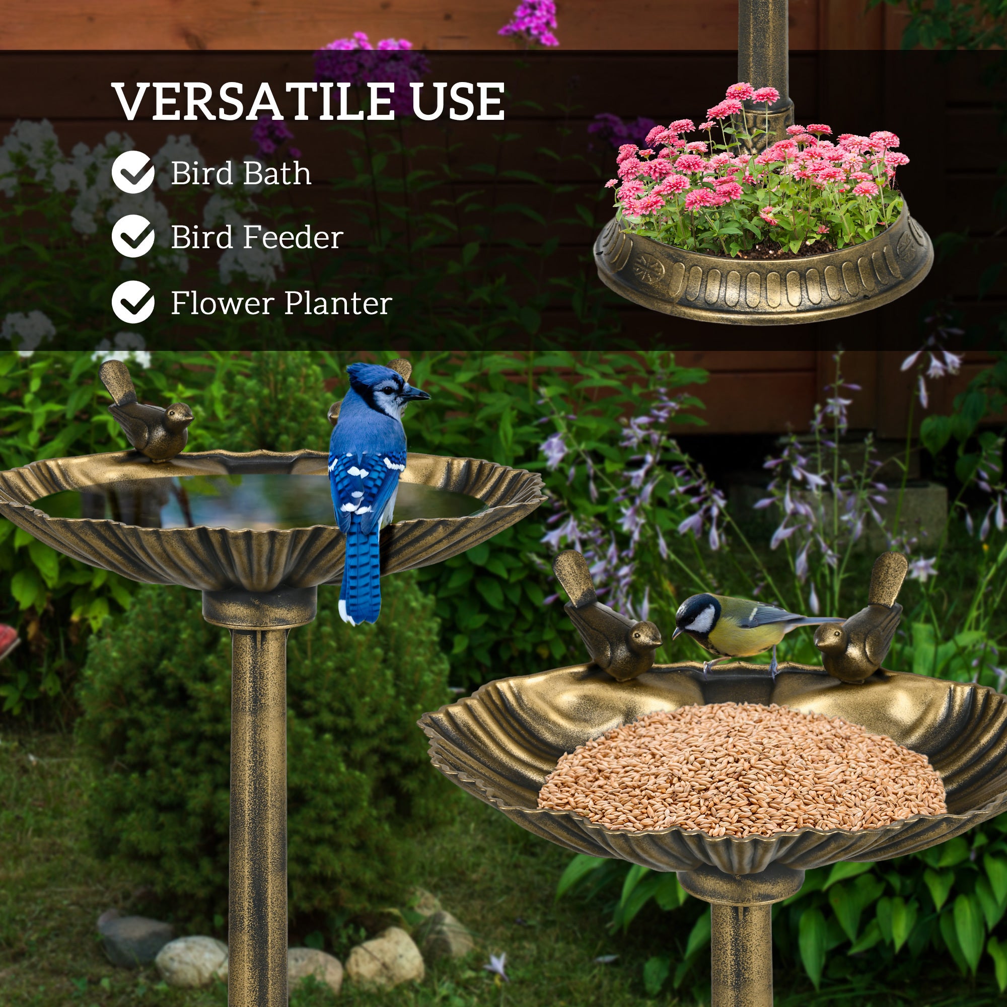 bird bath feeder and planter combo with shell basin in a backyard garden