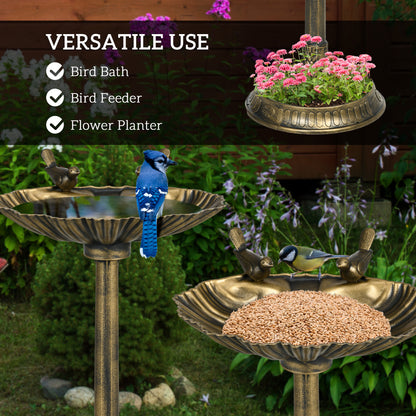 bird bath feeder and planter combo with shell basin in a backyard garden