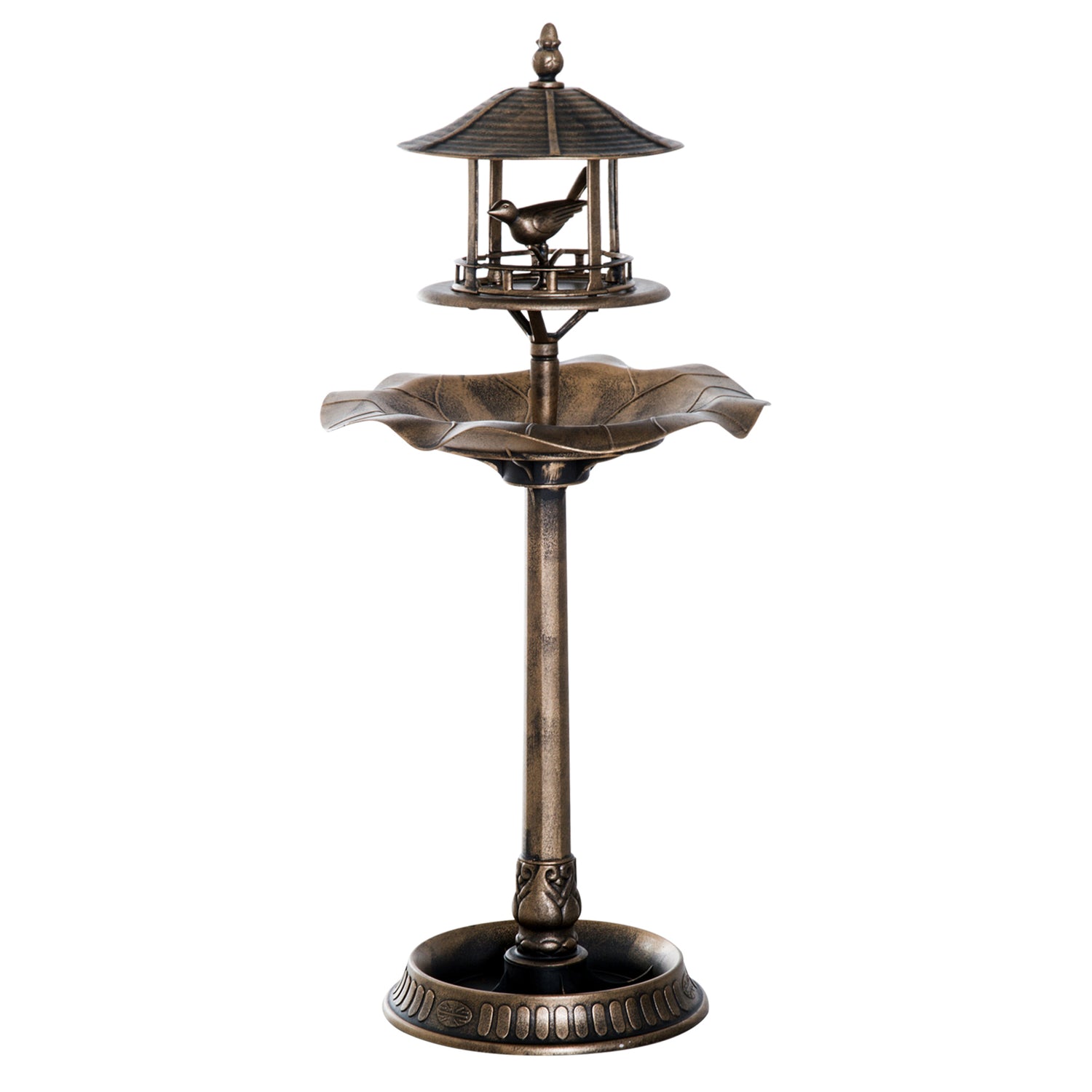 full view of birdhouse verdigris 3-in-1 bird bath on pedestal with planter base