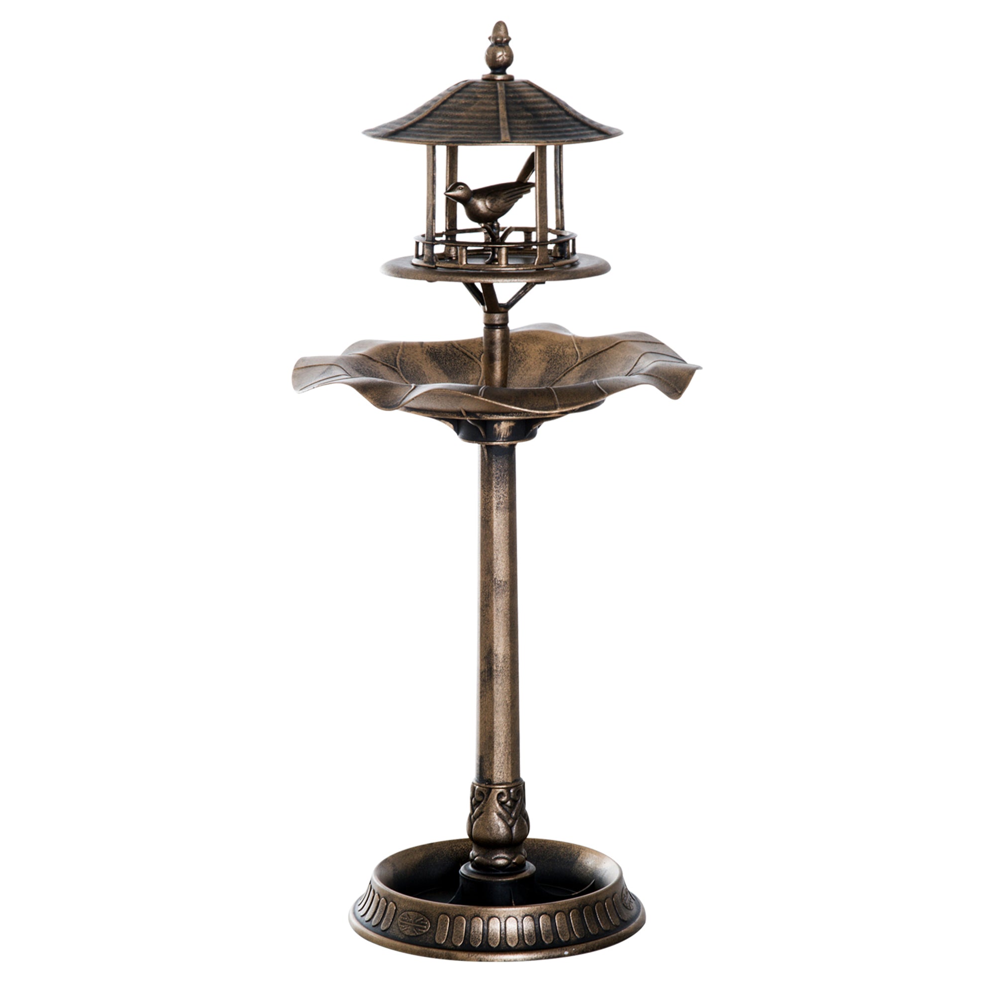 full view of birdhouse verdigris 3-in-1 bird bath on pedestal with planter base